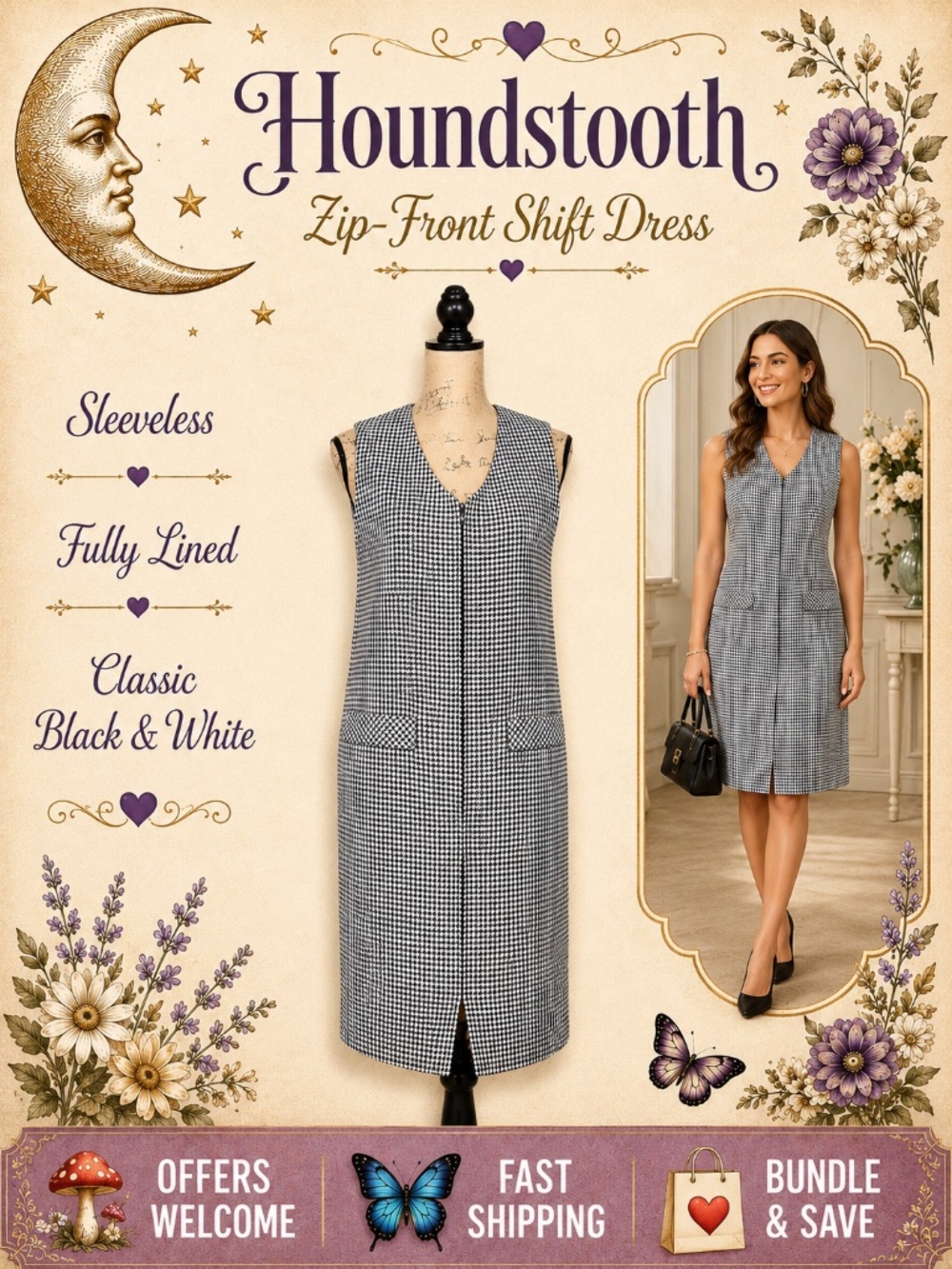 Sag Harbor Houndstooth Shift Dress Zip‑Front Sleeveless Size 4